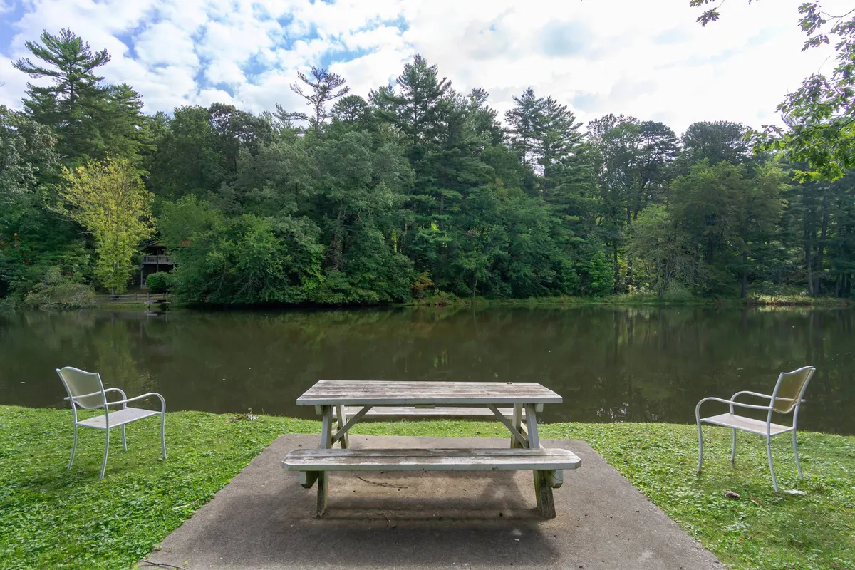 A serene scene featuring a picnic table, two chairs positioned at the water's edge, and surrounding trees reflecting on calm water. The setting is designed for moments of relaxation, fishing, and enjoying nature, ideal for guests with dogs who want to picnic or observe wildlife together.